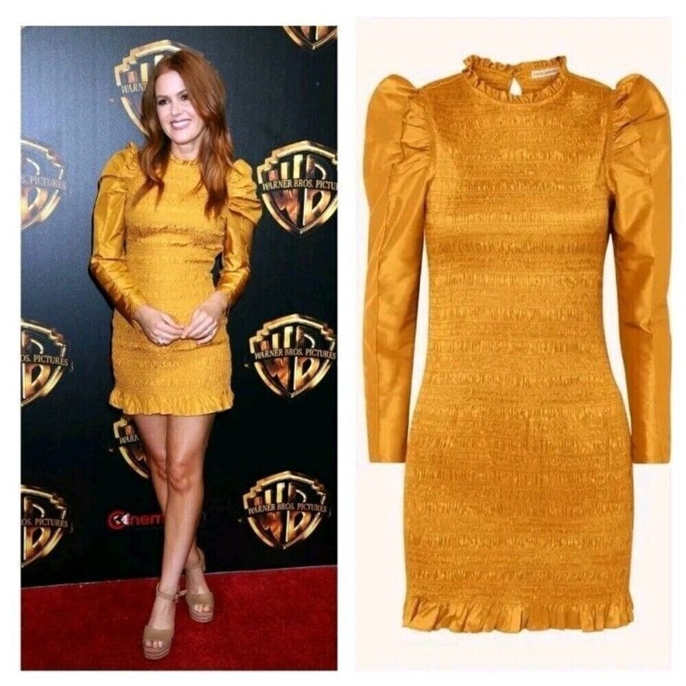 Ulla Johnson Women Aurel Dress Tafetta Mustard Gold Smocked Ruffle Trim Size 0